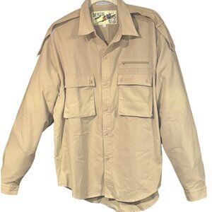 Y2K MENS GORPCORE BUTTON DOWN LONG SLEEVE UTILITY SHIRT EPAULETTES KHAKI TAN